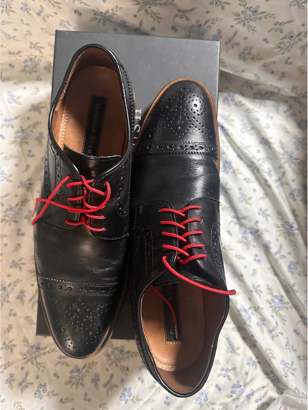 Gordon Rush Tanner Black Leather Dress Shoes with Red Laces,